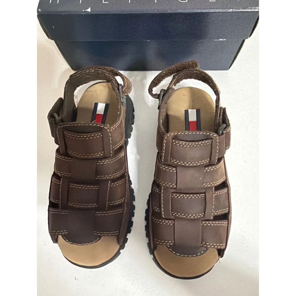 Tommy Hilfiger Boys Brown Fisherman Sandals Lug Sole Flag Logo Size 12M